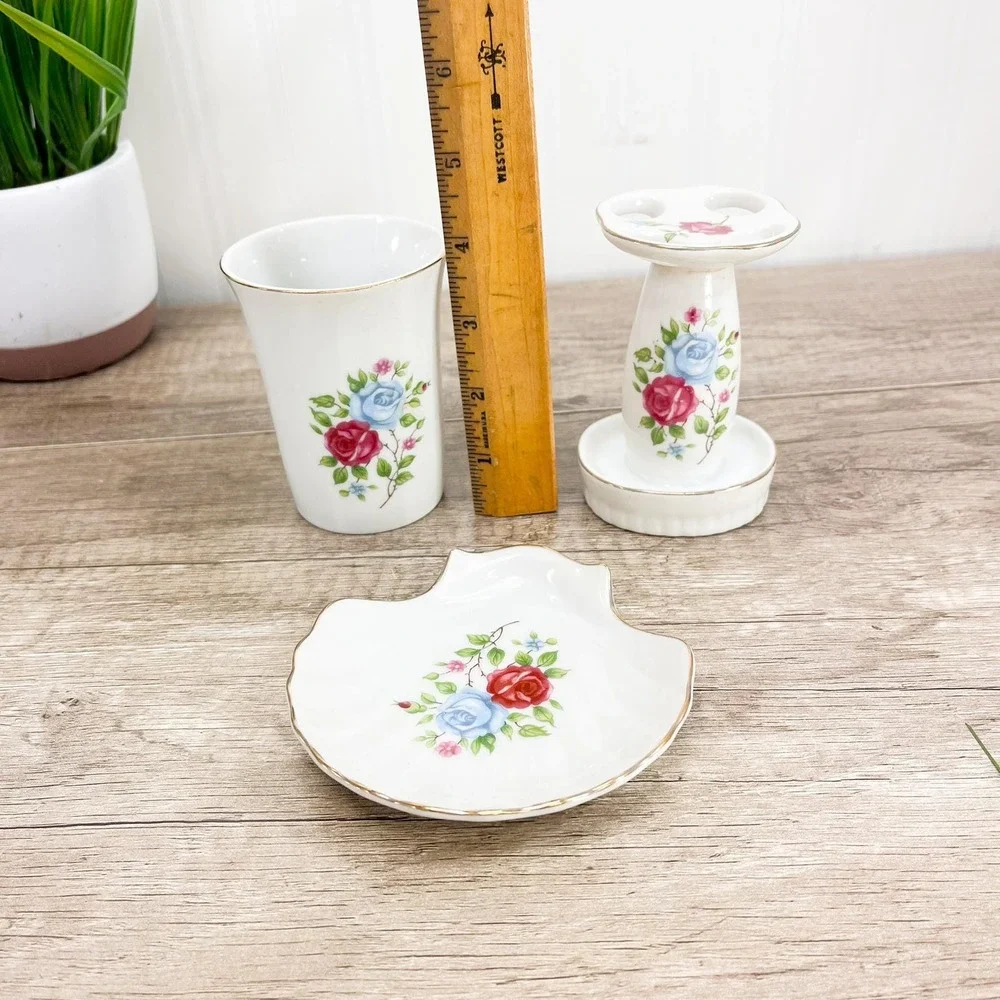 Vintage Floral Ceramic Bathroom Set: Pink Rose Soap Dish, Cup, & TB Holder